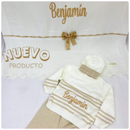 Ajuar Manta tejida + conjunto rayas