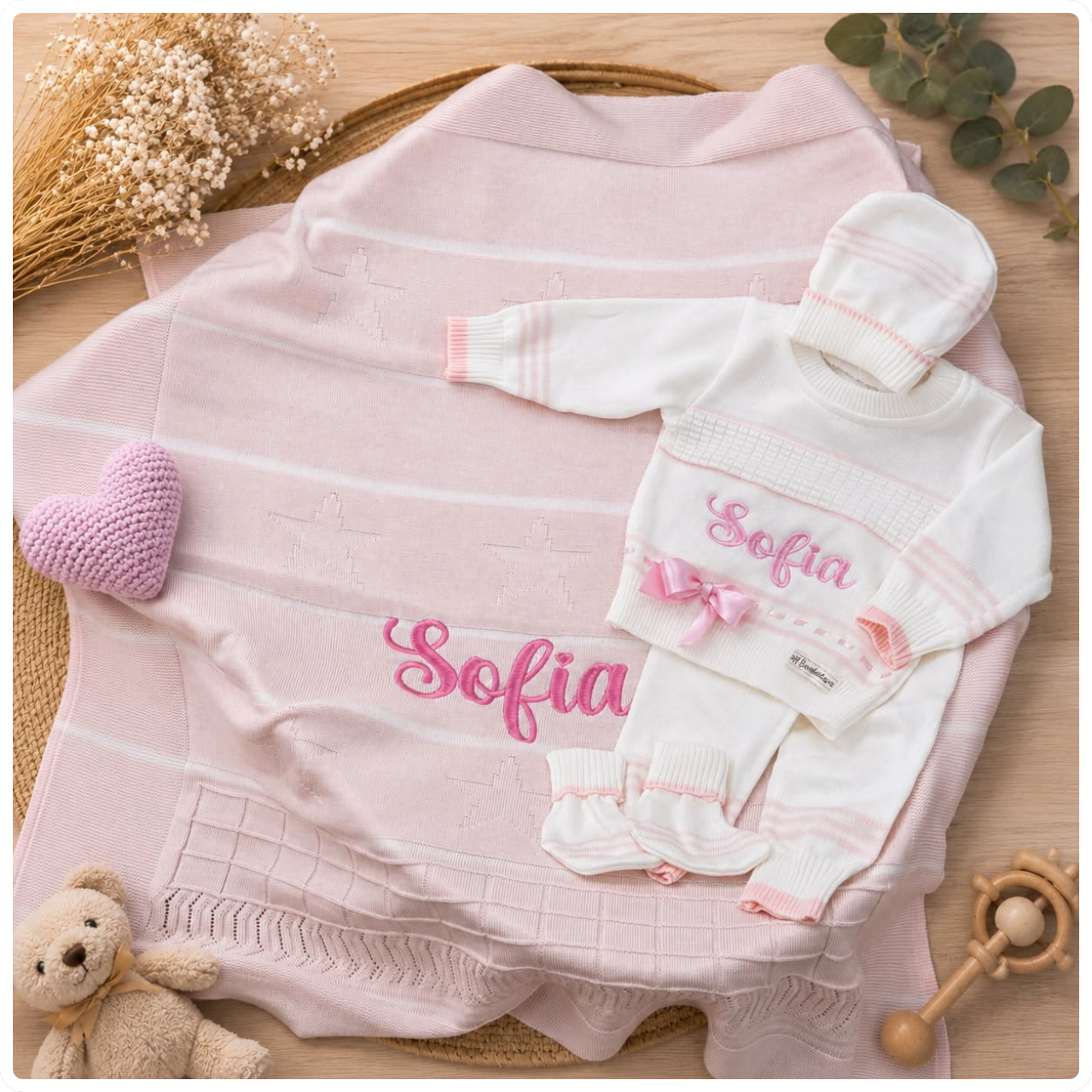 Ajuar Manta Estrella + conjunto tejido cinta